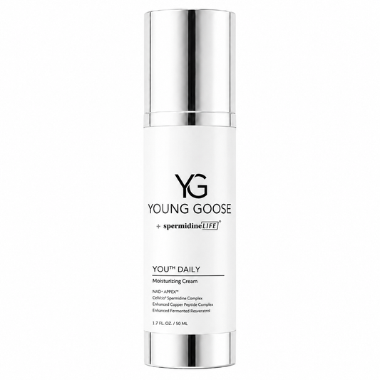 A white cylindrical bottle of Young Goose Youth Daily Moisturizing Cream with a reflective silver cap and base, set against a plain white background.