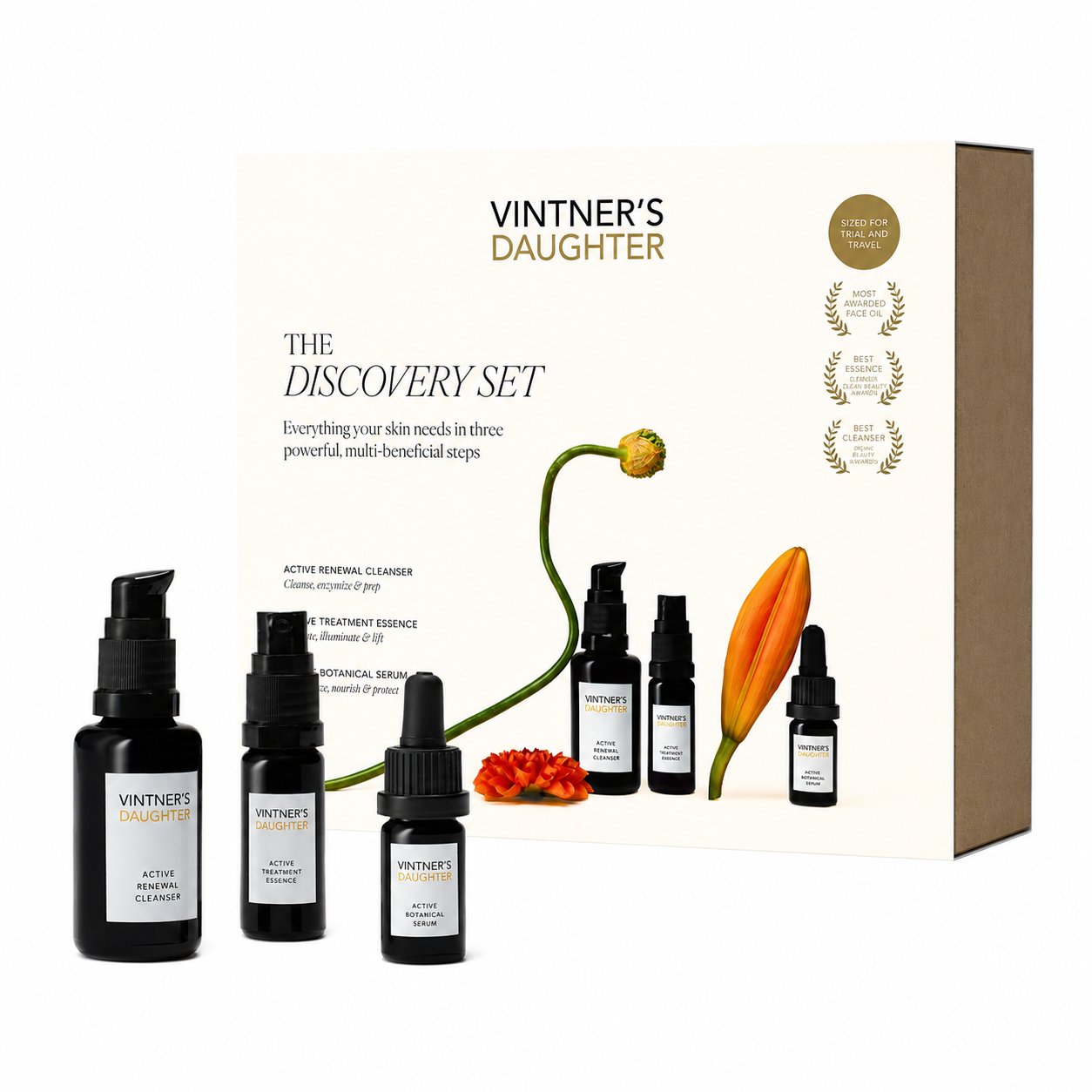 Vintner's Daughter Discovery Set skincare box with five black bottles and dropper bottles displayed in front on a white background.