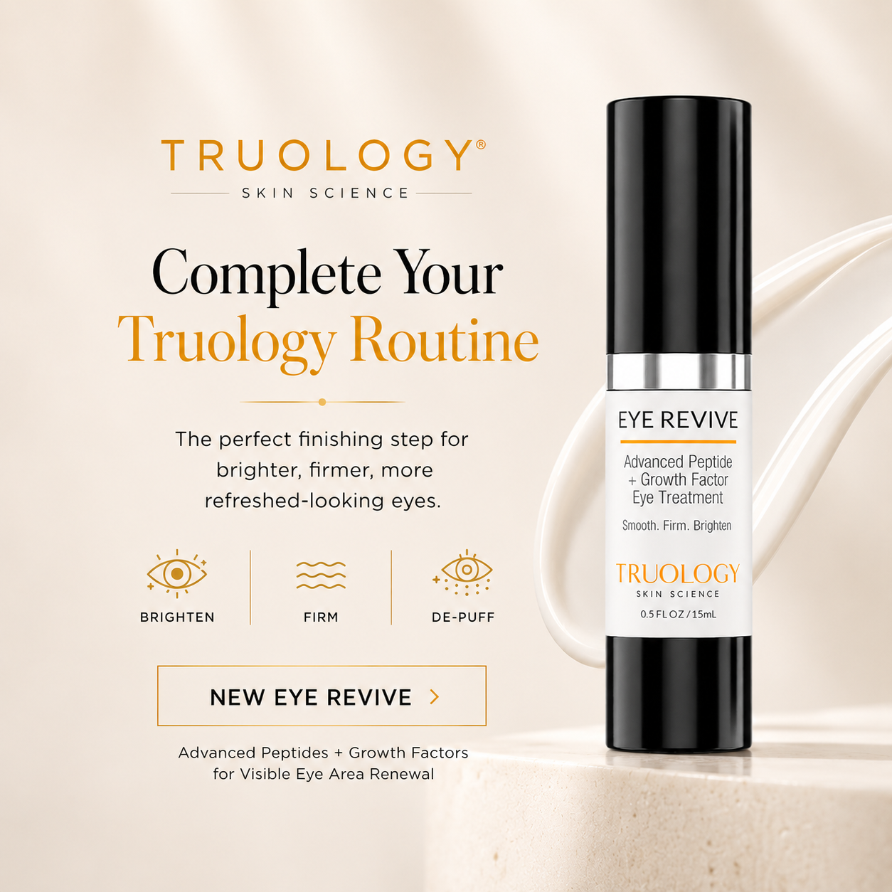 Truology Eye Revive eye treatment bottle with benefits linking to the Truology Collection