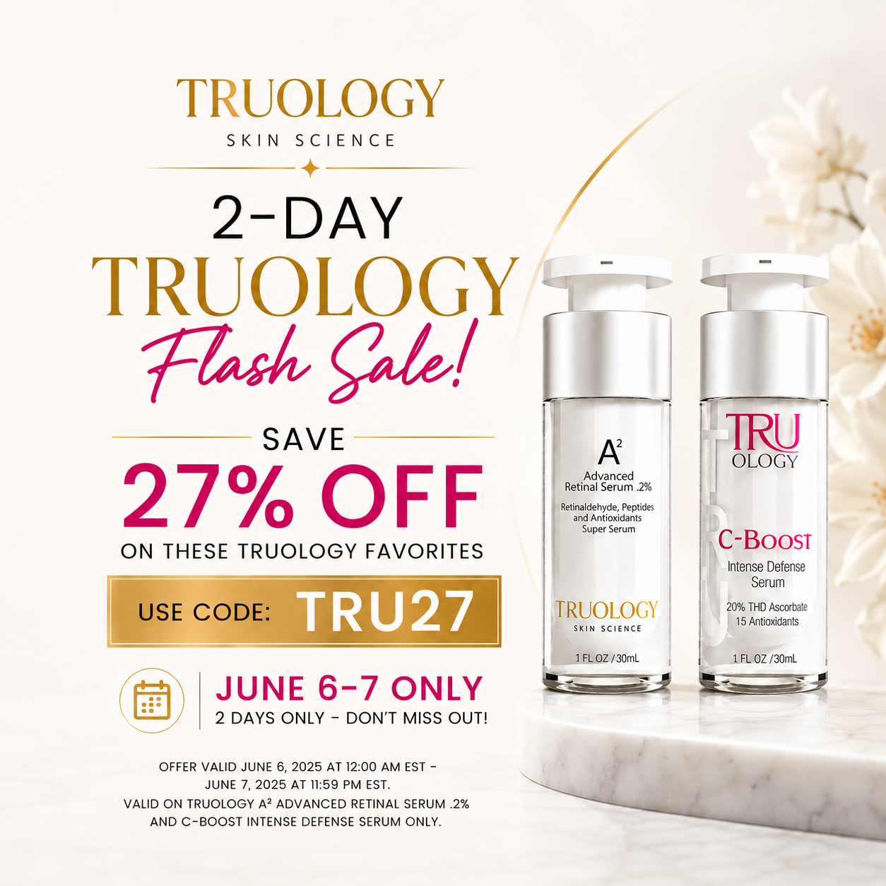 Truology flash sale banner - save 27% off with code TRU27 on Truology C-Boost and Truology A2