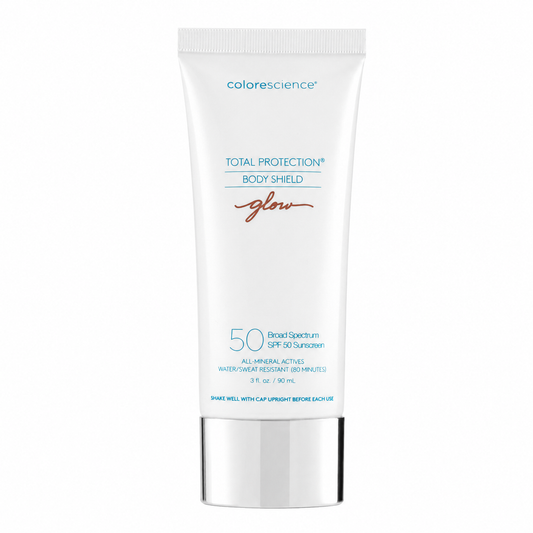 Colorescience Total Protection Body Shield Glow sunscreen tube on a white background