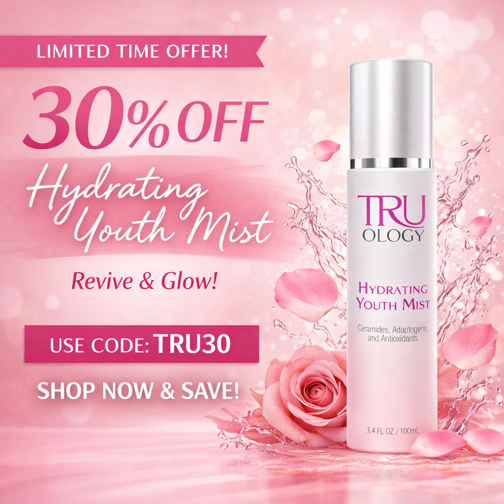 TRU OLOGY Hydrating Youth Mist bottle on a pink background with promotional text.