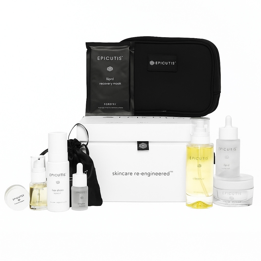 Epicutis skincare product set including bottles, a mask, and a pouch on a white background