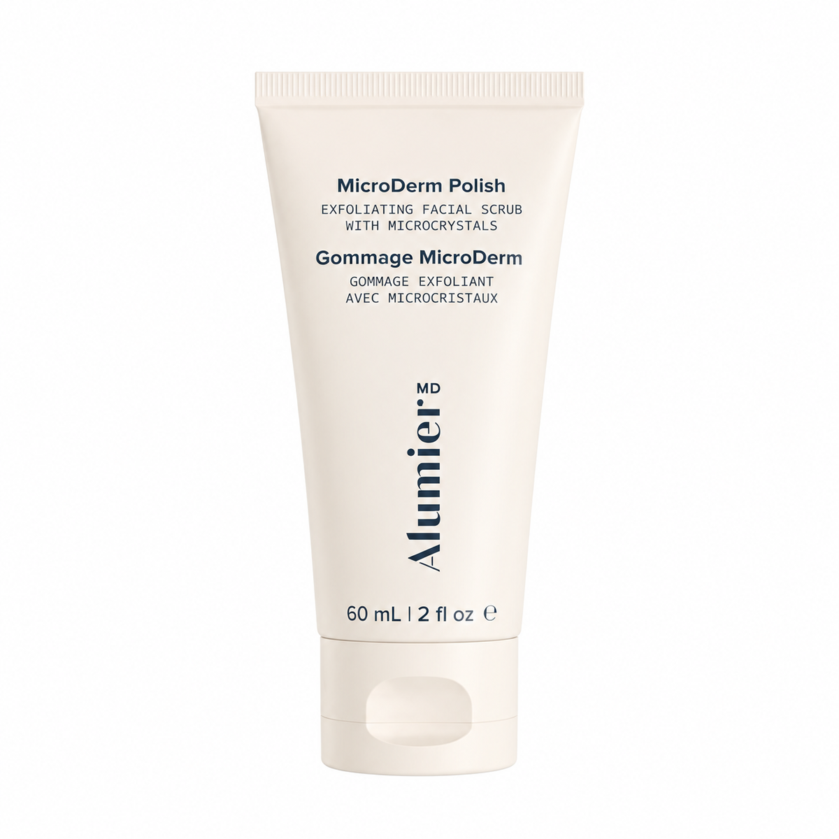 Alumier MD MicroDerm Polish exfoliating facial scrub in a 60 mL cream-colored squeeze tube, shown on a plain white background.
