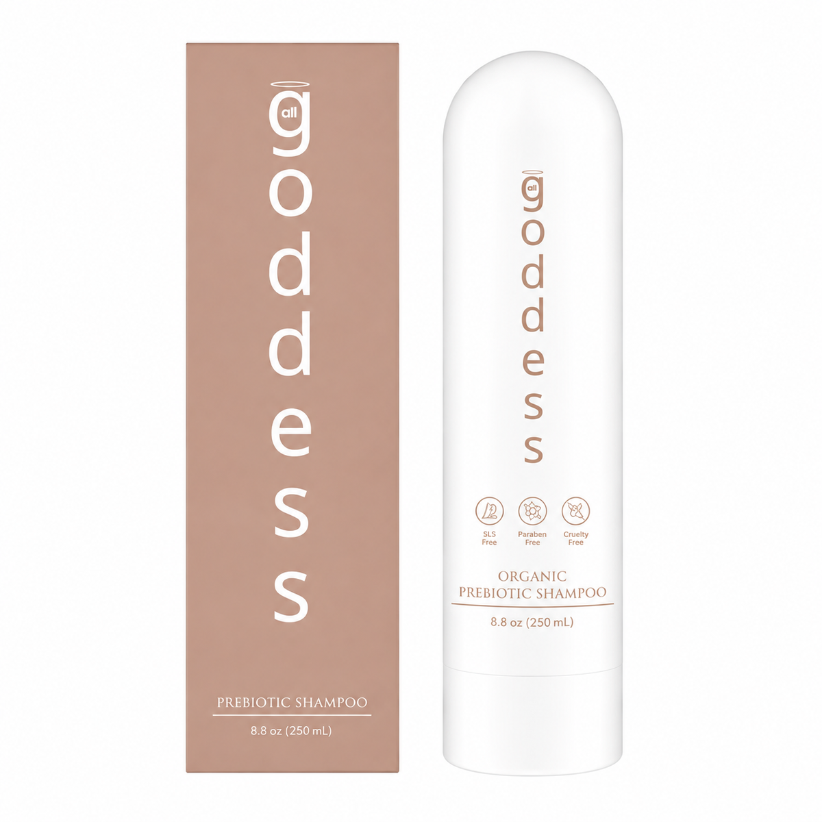 Goddess Prebiotic Shampoo bottle next to its brown cardboard packaging box on a solid white background.