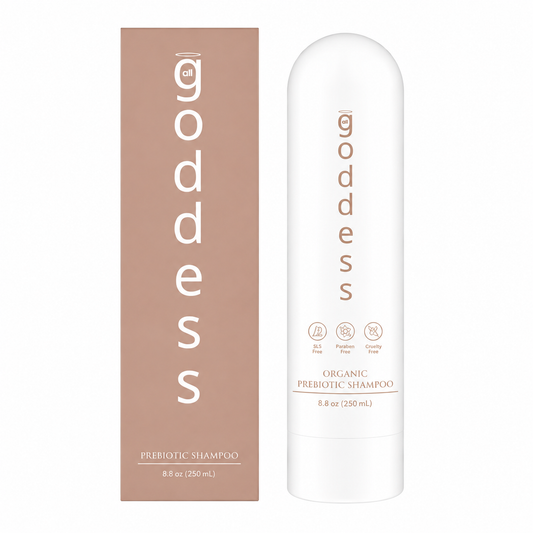 Goddess Prebiotic Shampoo bottle next to its brown cardboard packaging box on a solid white background.