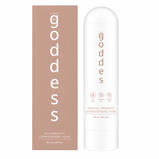 A white cylindrical bottle of goddess Organic Prebiotic Conditioning Mask stands next to its dusty pink rectangular box on a plain white background.