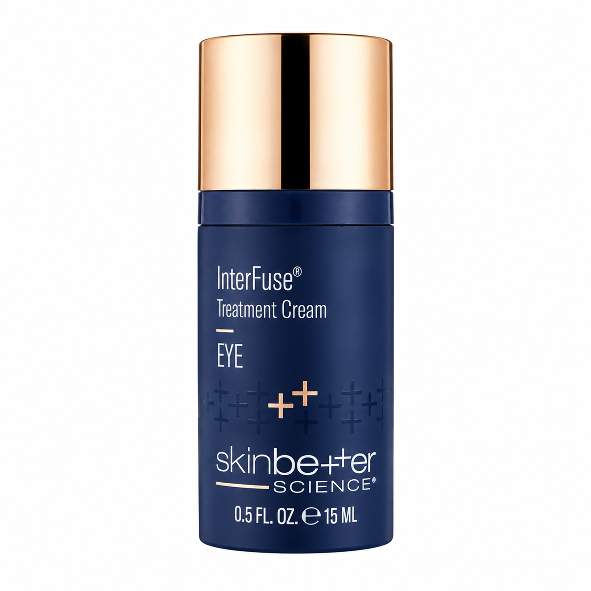 A dark blue cylindrical skincare bottle with a metallic rose gold cap, labeled 'InterFuse Treatment Cream EYE' by 'skinbetter SCIENCE'.