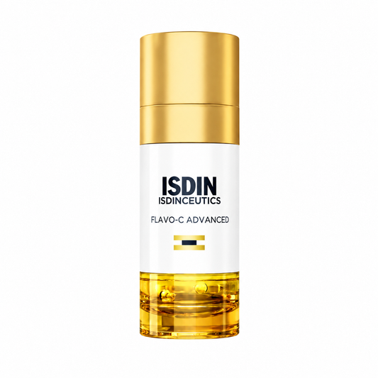 ISDIN ISDINCEUTICS FLAVO-C ADVANCED Vitamin C Serum skincare serum bottle with a metallic gold cap, white label, and golden oil visible in a clear lower section, centered on a white background.