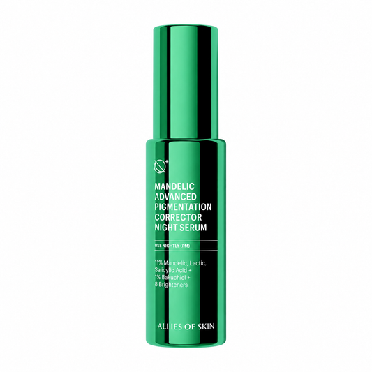 Allies of Skin Mandelic Pigmentation Corrector Night Serum green bottle with green top on white background