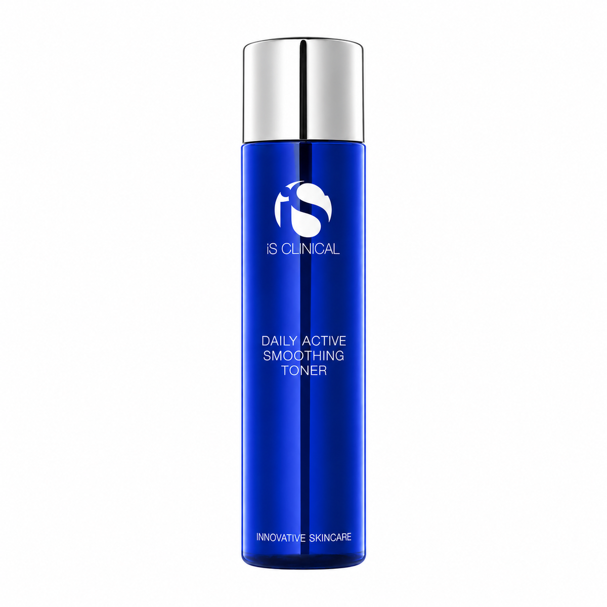 A tall, cylindrical blue bottle of IS Clinical Daily Active Smoothing Toner with a reflective silver cap, centered on a plain white background.