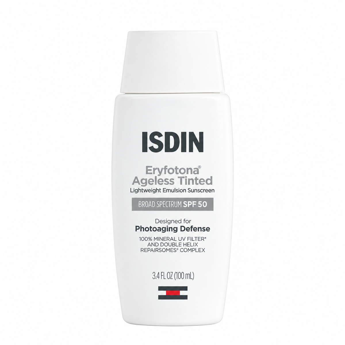 A white bottle of ISDIN Eryfotona Ageless Tinted Broad Spectrum SPF 50 sunscreen, shown against a plain white background.