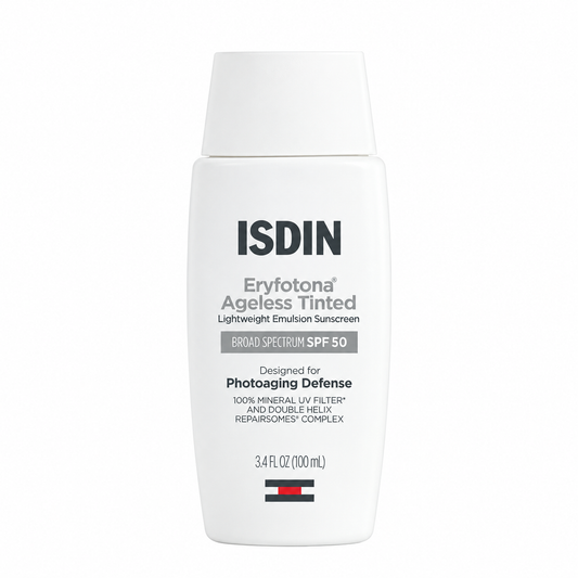 A white bottle of ISDIN Eryfotona Ageless Tinted Broad Spectrum SPF 50 sunscreen, shown against a plain white background.