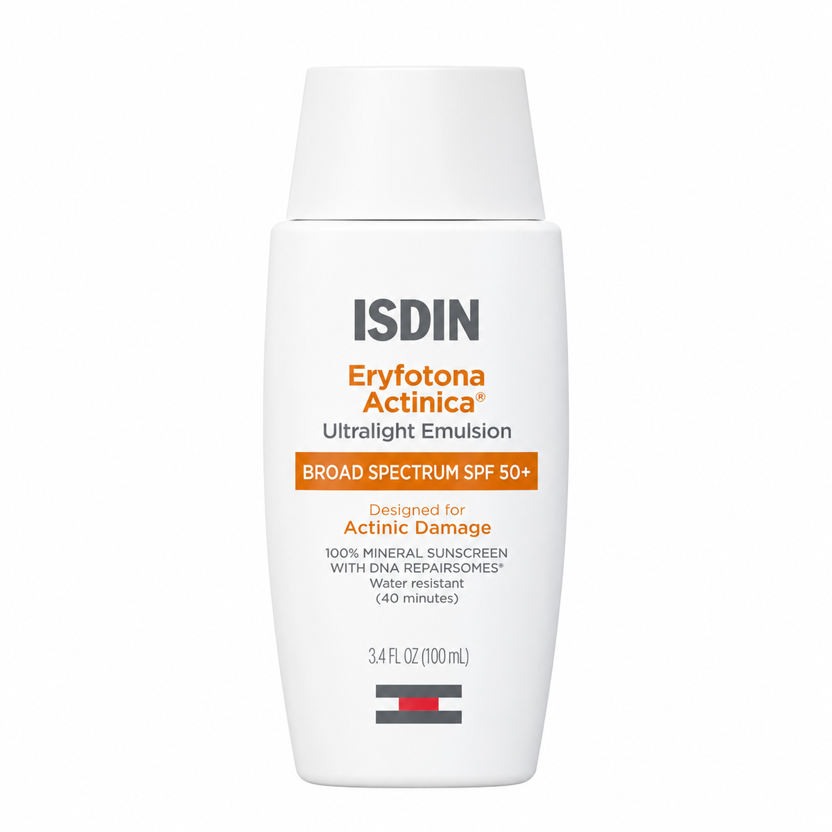 A white bottle of ISDIN Eryfotona Actinica Broad Spectrum SPF 50+ Ultraviolet Emulsion, featuring orange and gray text on a clean white background.