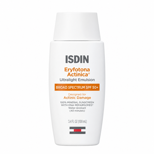 A white bottle of ISDIN Eryfotona Actinica Broad Spectrum SPF 50+ Ultraviolet Emulsion, featuring orange and gray text on a clean white background.
