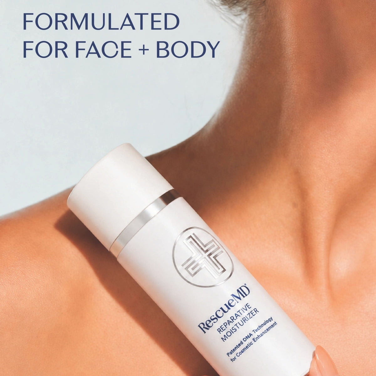 RescueMD Reparative Moisture. White bottle being held close to a woman's neck featuring the phrase "Formulated for face + Body"