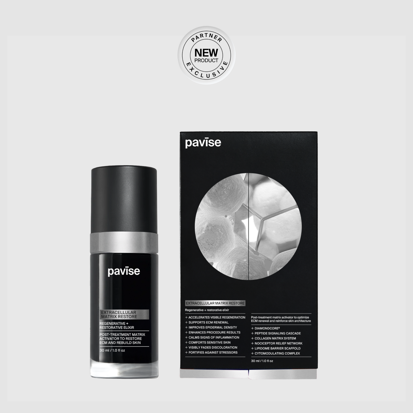 Pavise skincare product and packaging on a white background