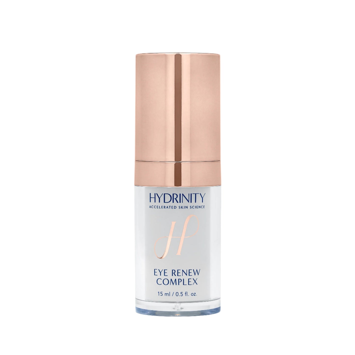 Skincare bottle labeled 'Hydrinity Eye Renew Complex' on a white background