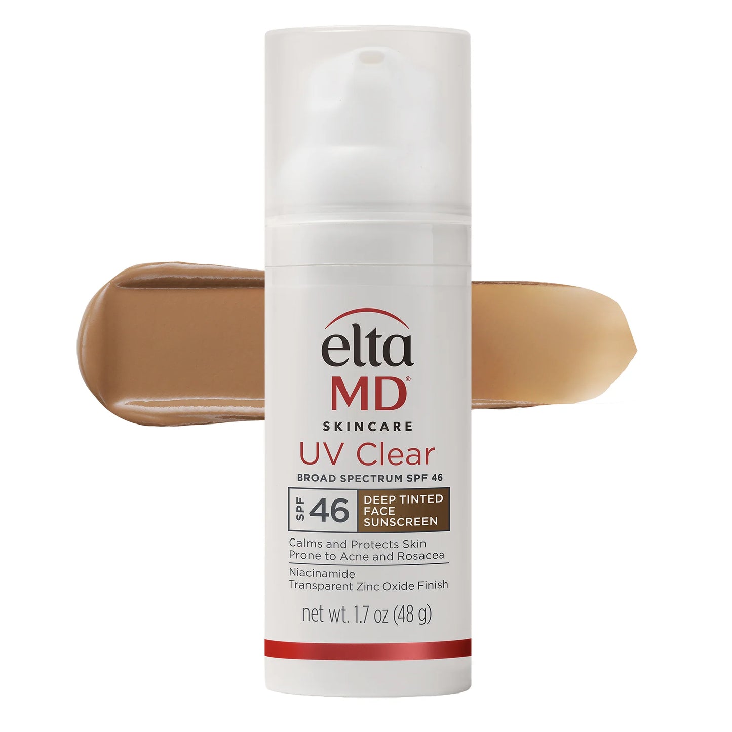 Elta MD UV Clear sunscreen bottle with a swatch of brown color on a white background