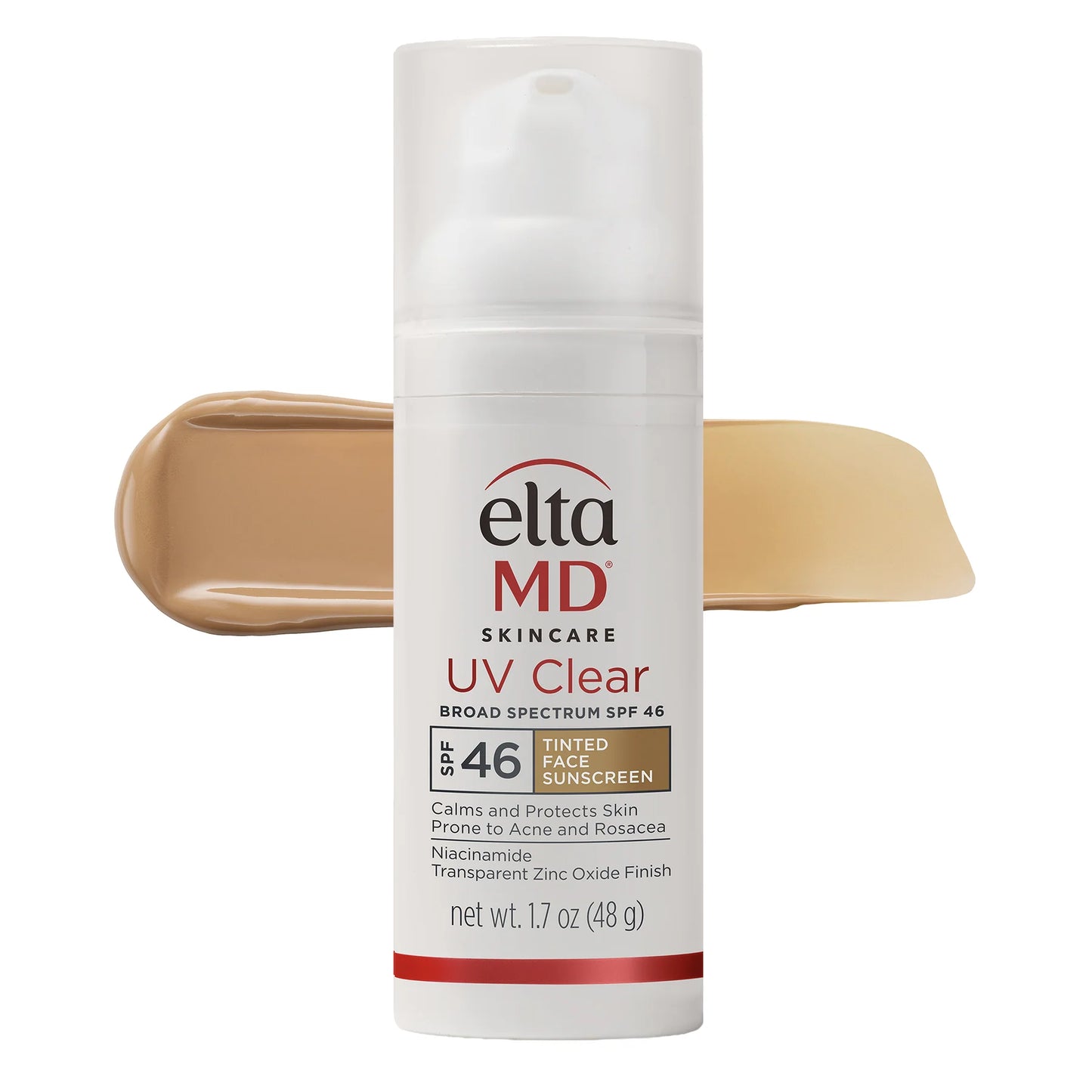 Elta MD UV Clear Tinted sunscreen bottle with beige color swatch on a white background