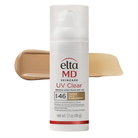 Elta MD UV Clear Tinted sunscreen bottle with beige color swatch on a white background