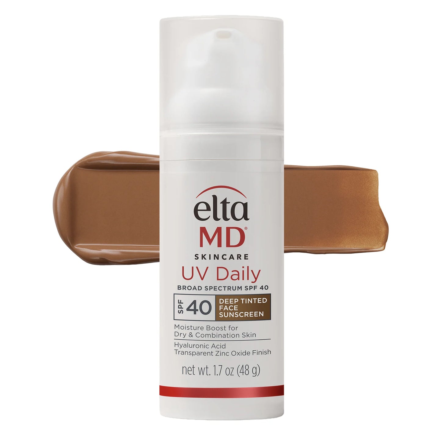 EltaMD UV Daily Deep Tinted Broad-Spectrum SPF 40 white bottle on white background with brown smear of color to show the color of the sunscreen