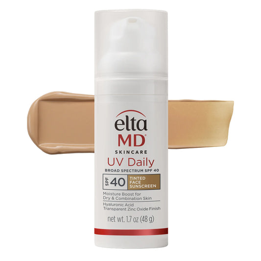 Ella MD UV Daily Tinted Broad Spectrum SPF 40 sunscreen bottle with a swatch of beige color on a white background