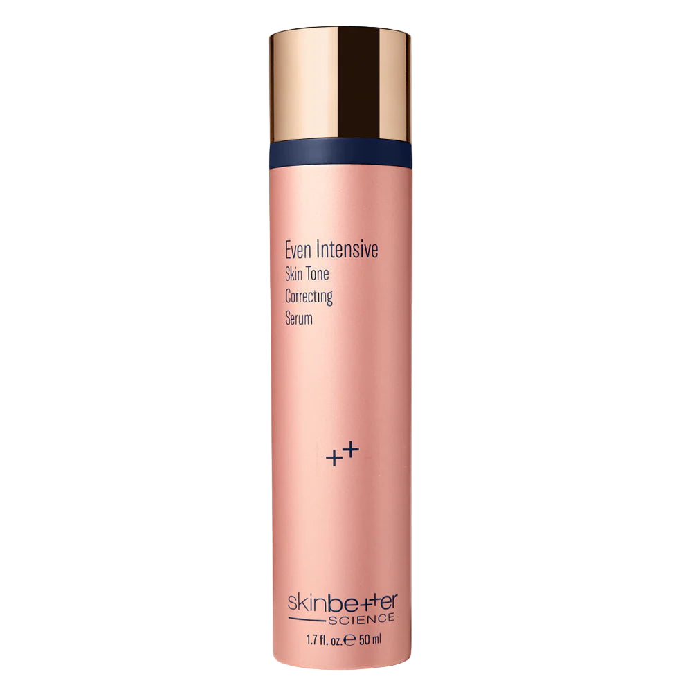 Skincare serum bottle with rose gold cap and body on a white background