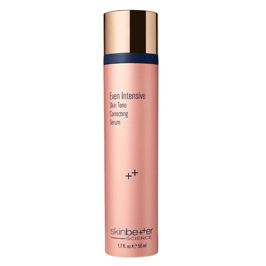 Skincare serum bottle with rose gold cap and body on a white background