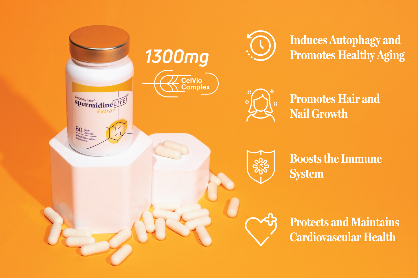 Supplement bottle with capsules on an orange background, featuring text about supplement benefits.