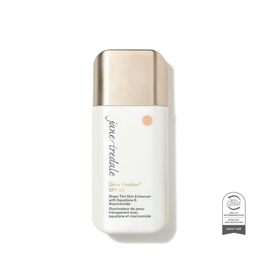 Jane Iridate Glow Fixation SPF 40 in a white bottle with a metallic gold cap, shown on a white background with a Dermalogics Seal of Excellence badge.