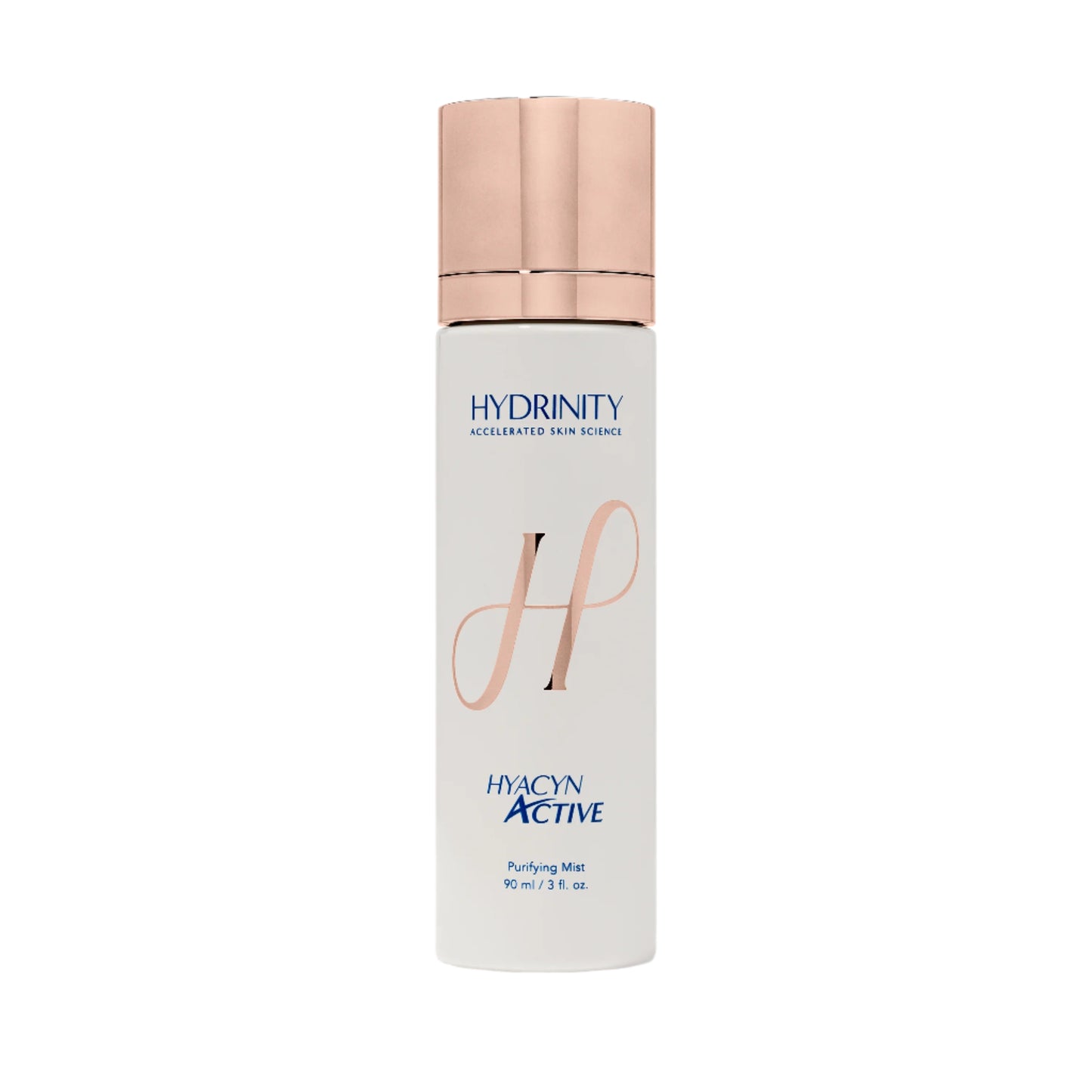 Skincare bottle with rose gold cap and 'Hydrinity' branding on a white background, featuring an award badge.