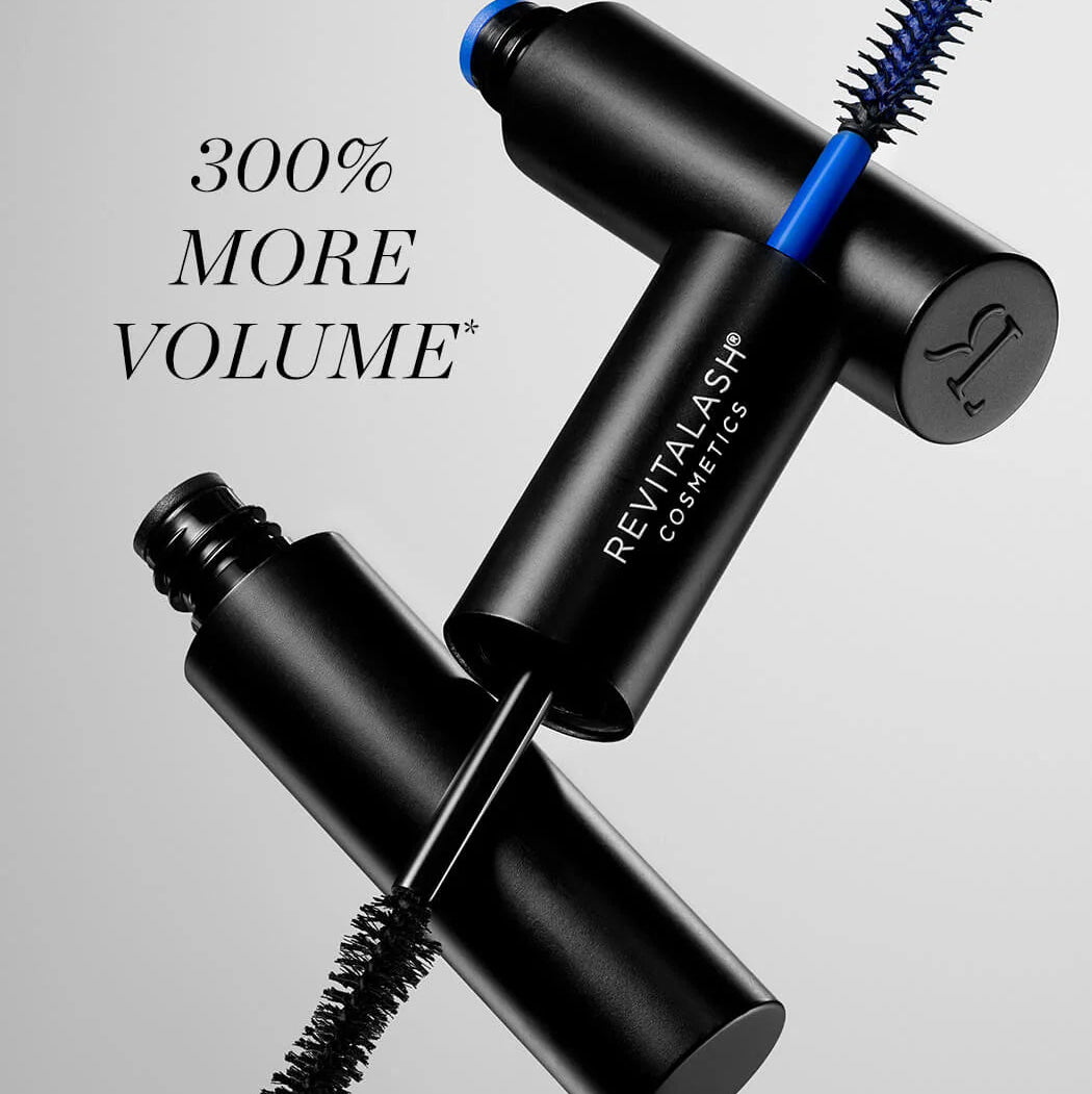 Revitalash mascara with text on volume increase on a gray background