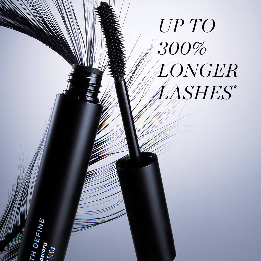 Mascara tube and brush with text 'Up to 300% Longer Lashes' on a light gray background
