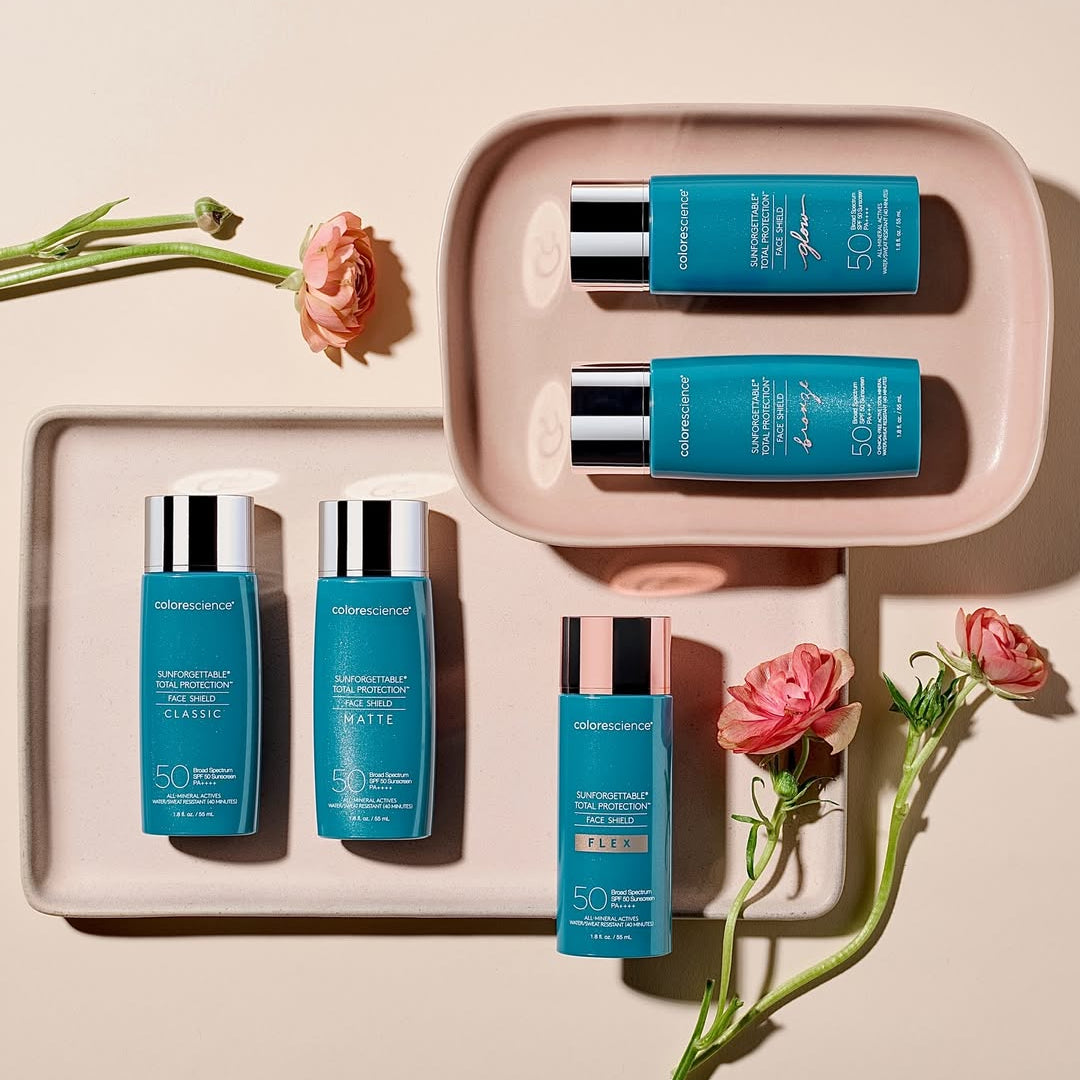 Colorescience sunscreen options with flowers on pink background