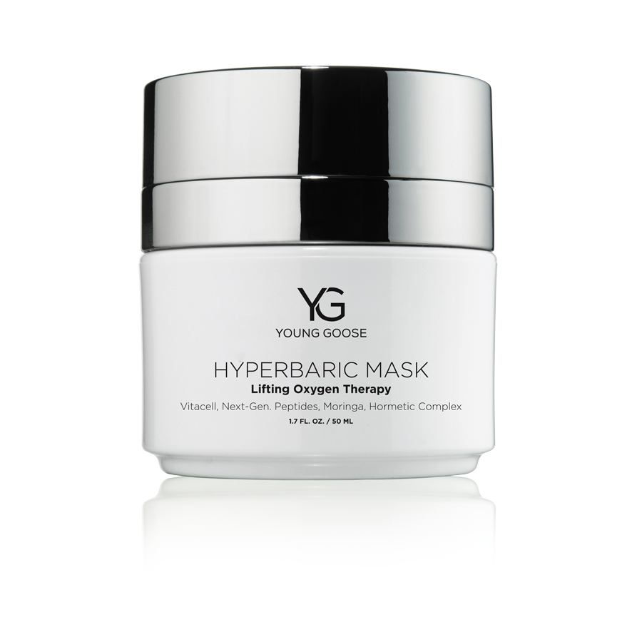 White jar of Young Goose Hyperbaric Mask with silver lid on a white background