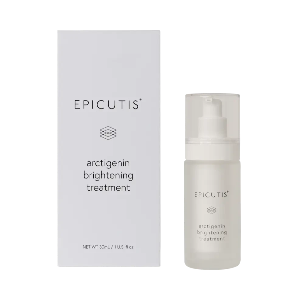 Epicutis arctigenin brightening treatment packaging and bottle on a white background