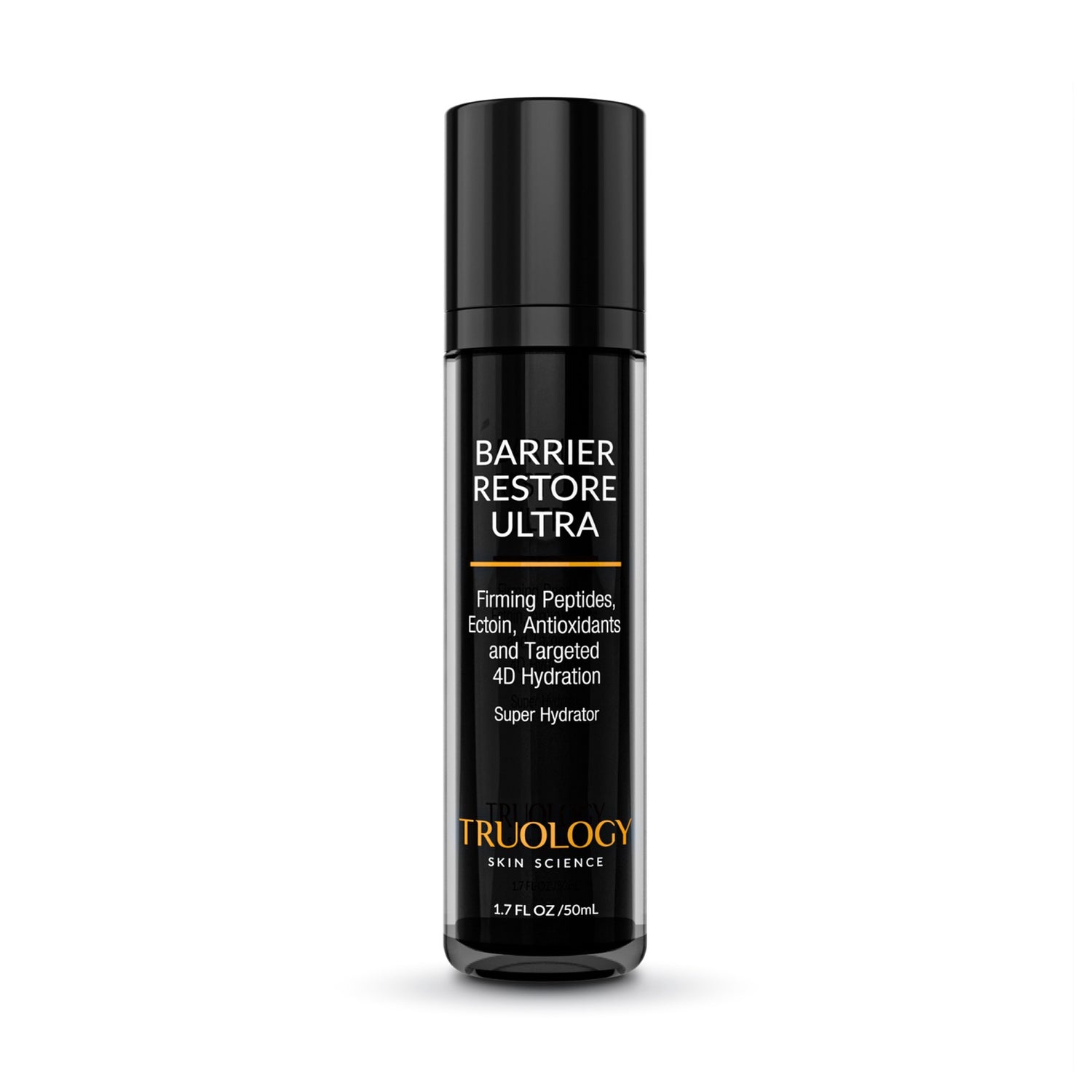 Skincare bottle labeled 'Barrier Restore Ultra' by Truology on a white background