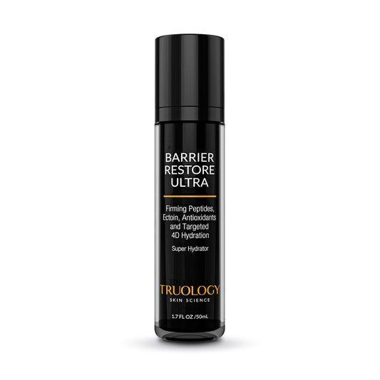 Skincare bottle labeled 'Barrier Restore Ultra' by Truology on a white background