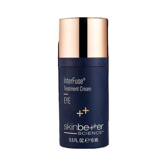 Blue skincare bottle with rose gold cap on a white background