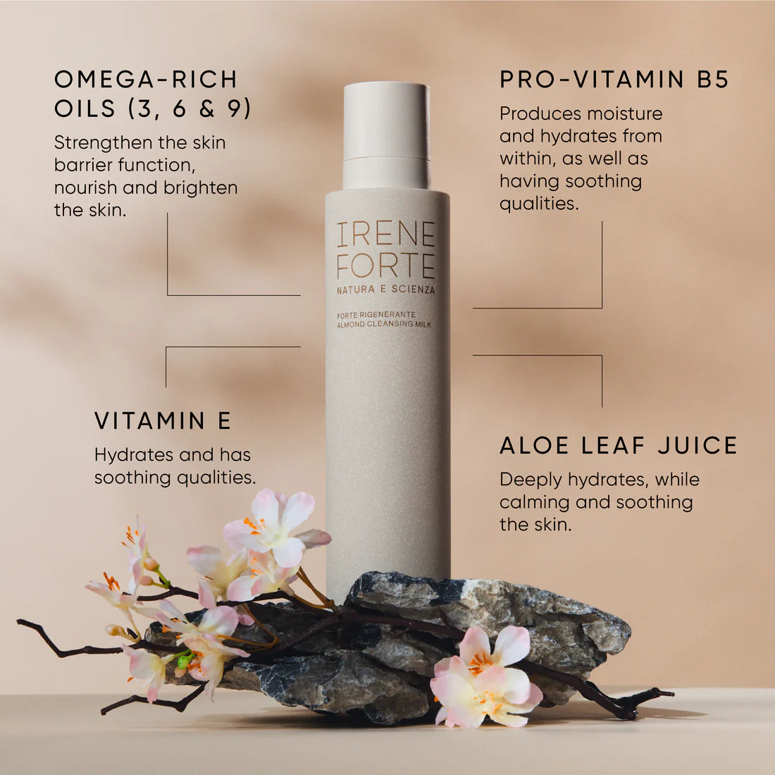 Irene Forte skincare product with ingredients listed on a beige background