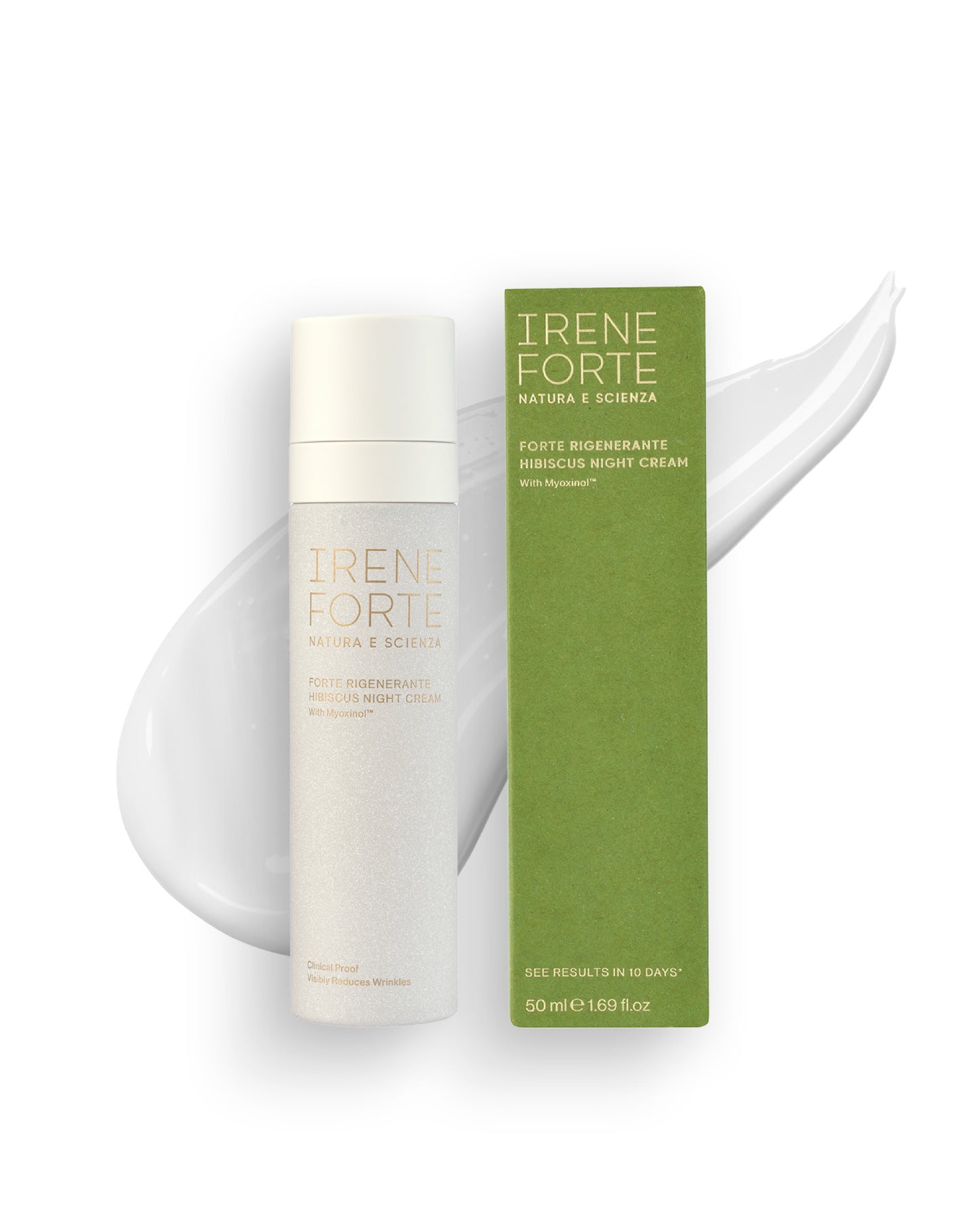 Irene Forte Hibiscus Night Cream with Myoxinol skincare package on white background