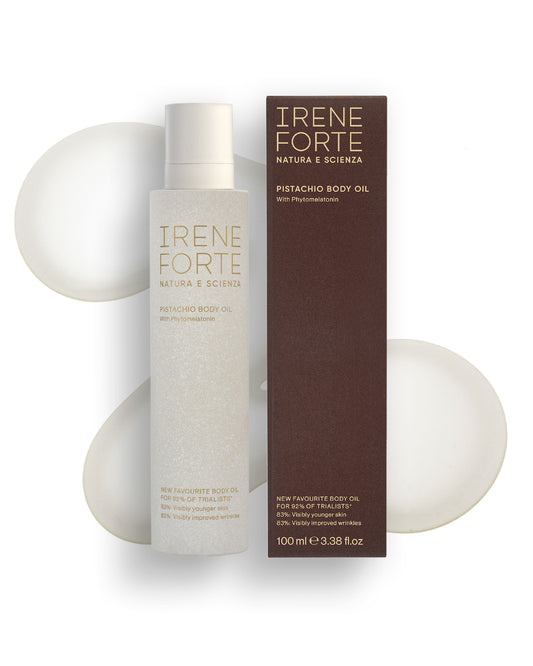 Irene Forte Skincare Pistachio Body Oil package on white background