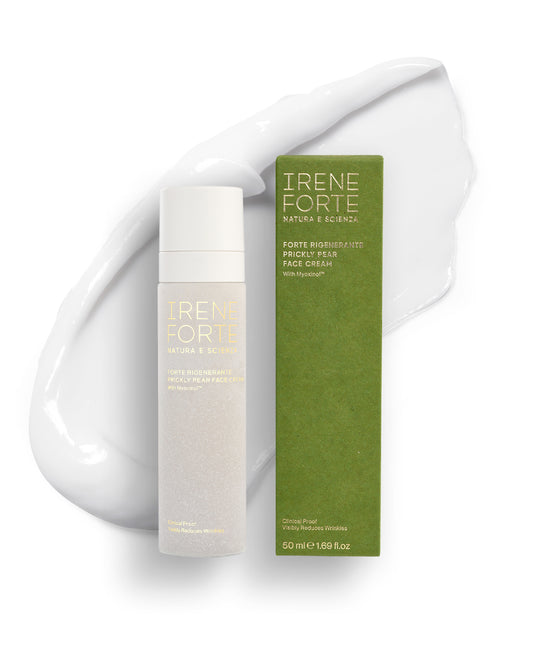 Irene Forte Prickly Pear Face Cream with Myoxinol skincare package on white background