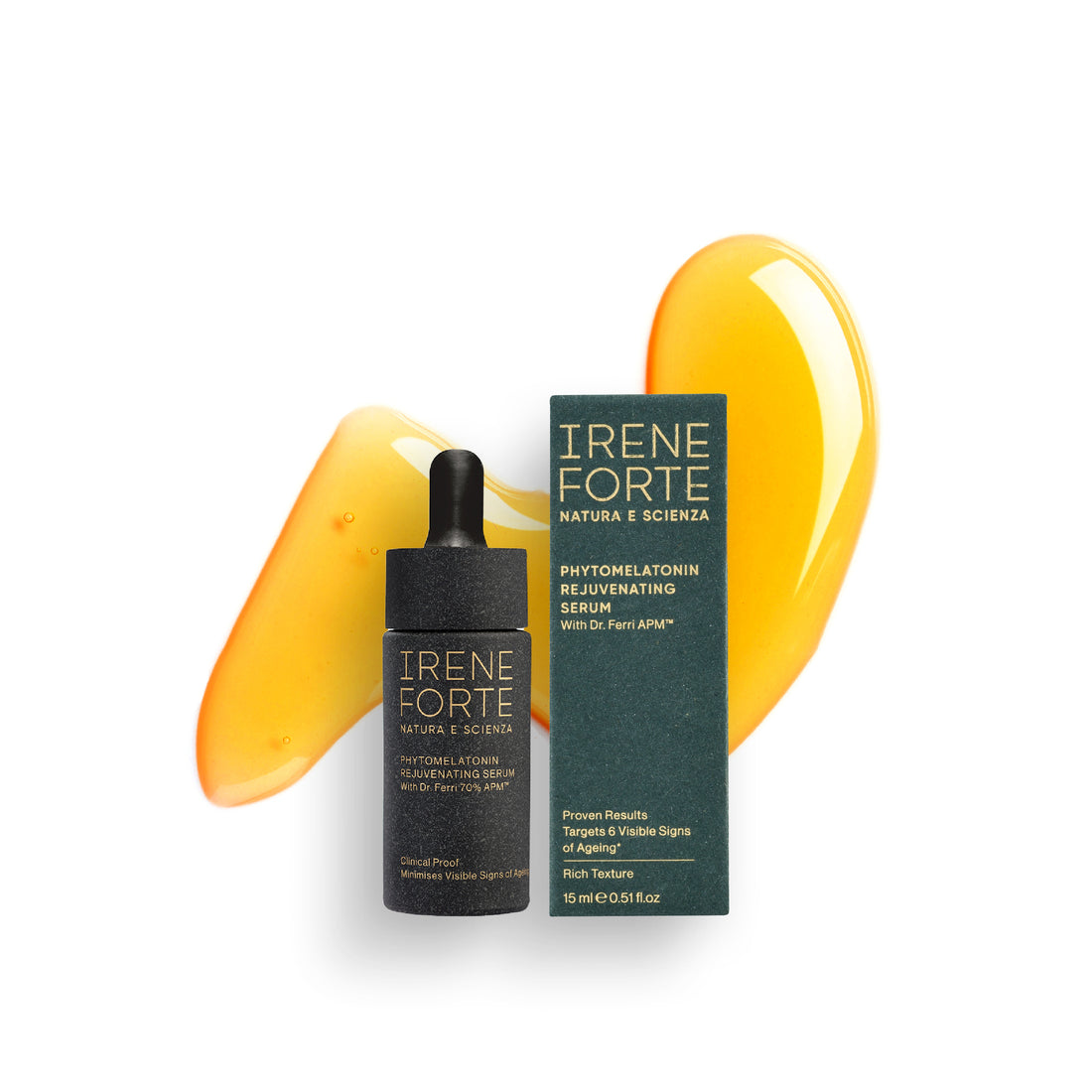 Irene Forte Phytohelatonin Rejuvenating Serum shown with its dark green box and black dropper bottle, styled with two glossy orange-yellow serum droplets on a white background.