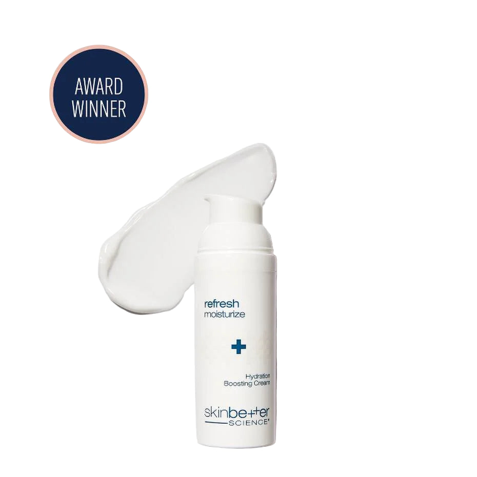Skincare bottle labeled 'refresh moisturize' with 'award winner' badge on a white background