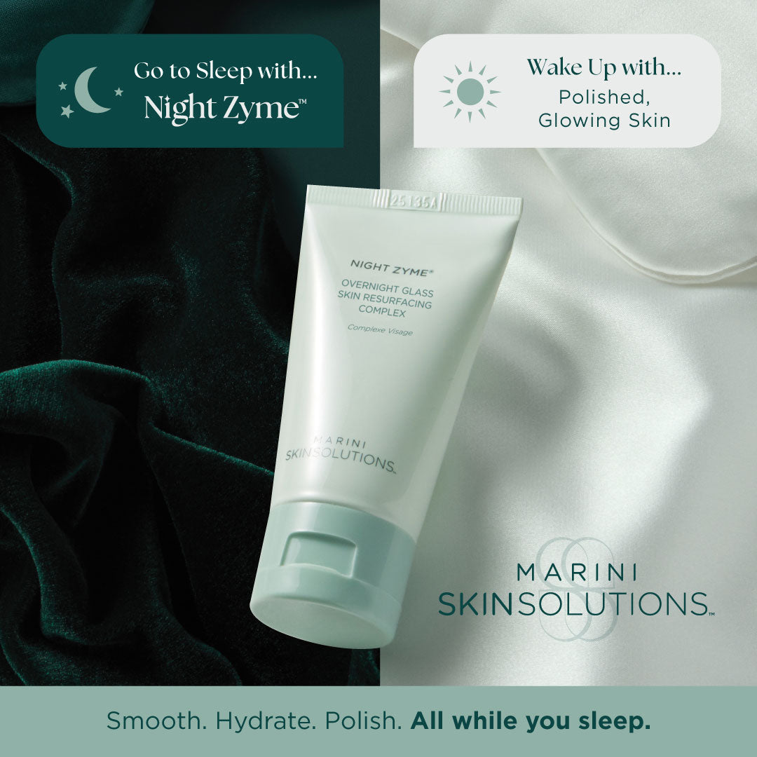Tube of Night Zyme skincare product with promotional text on a dark and light fabric background.