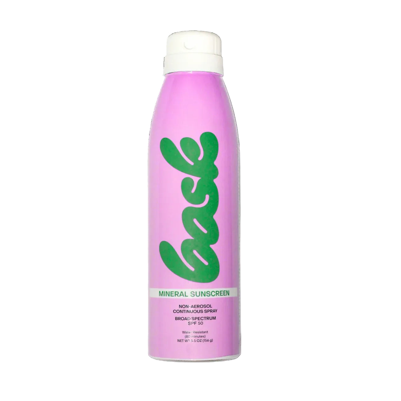 A pink aerosol can of Back Mineral Sunscreen with a white cap and a large green 'back' logo on the front, isolated on a white background. - Bask Mineral Fragrance-Free Non-Aerosol Spray - SPF 50