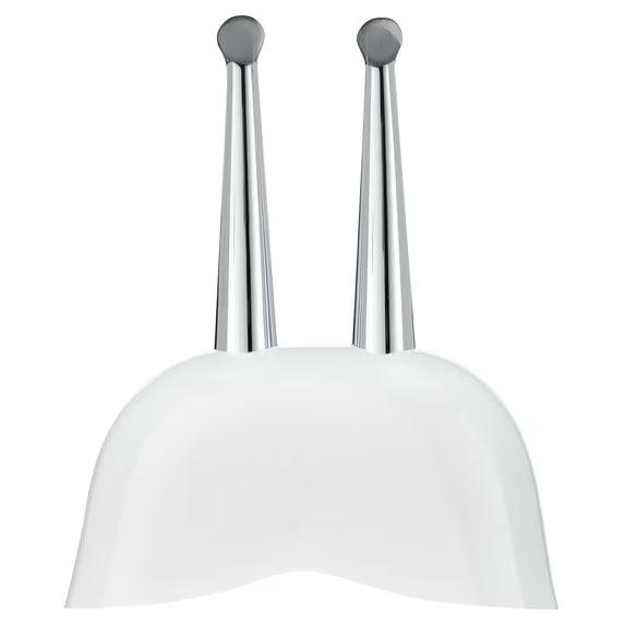 Pendant light fixture with white shade and chrome arms on a white background