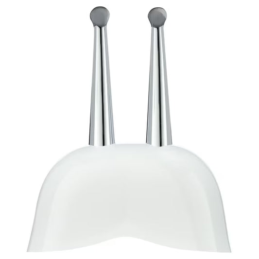 Pendant light fixture with white shade and chrome arms on a white background